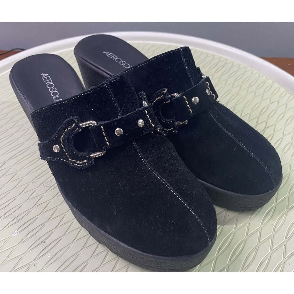 Aerosoles Women Clogs Black Suede Leather Mules Silver Buckles Slip-on Y2k-7 B